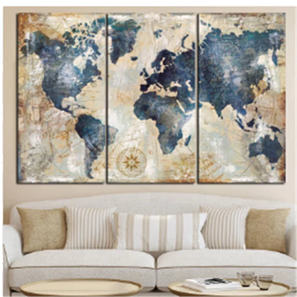 World Map Triptych Canvas Art - High Definition Print