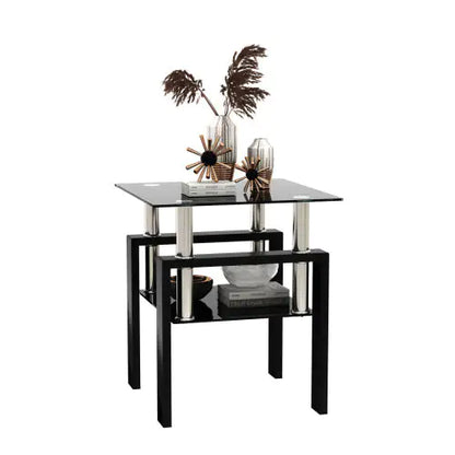 1-Piece Modern Tempered Glass Tea Table Coffee Table End Table, Square Table For Living Room, Black